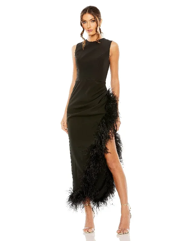 Sleeveless Faux Wrap Dress with Feather Detail