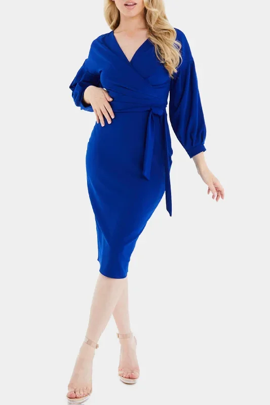 3/4 Sleeve  Wrap Midi Dress