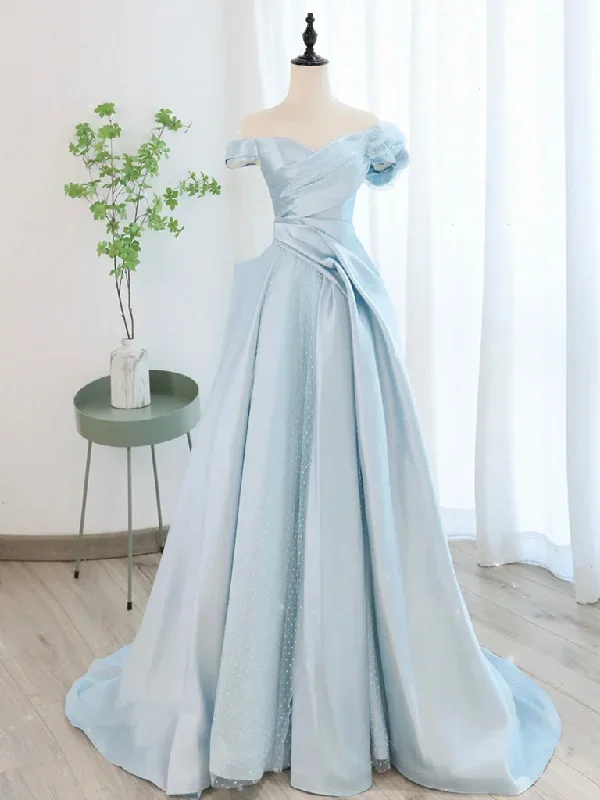 A-Line Off Shoulder Satin Tulle Blue Long Prom Dress, Blue Long Formal Dress