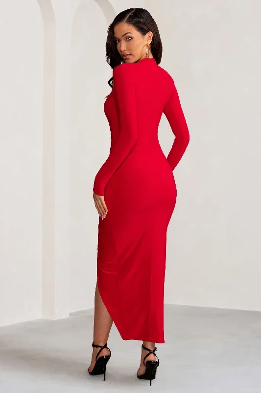 alana-red-long-sleeve-high-neck-maxi-dress-with-ruched-waist-and-front-split-cl129259004