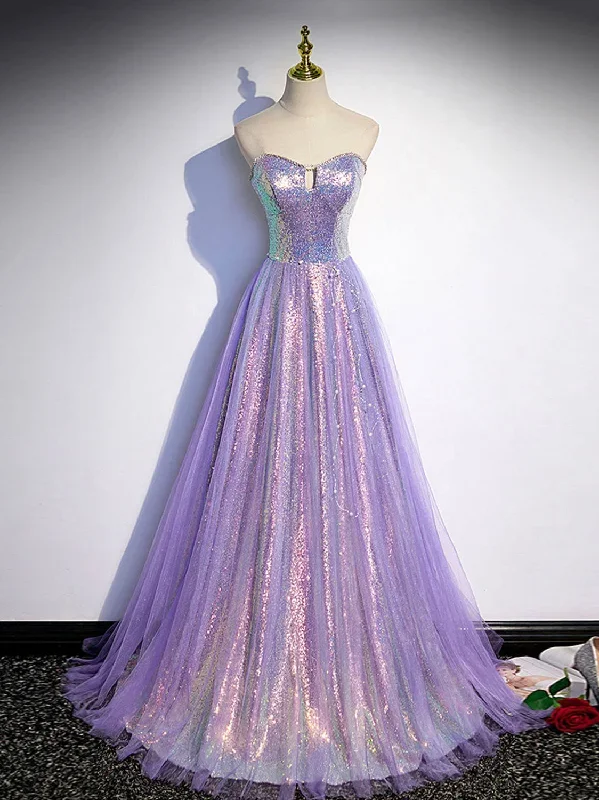 Aline Purple Sweetheart Neck Tulle Long Prom Dress, Purple Evening Dress