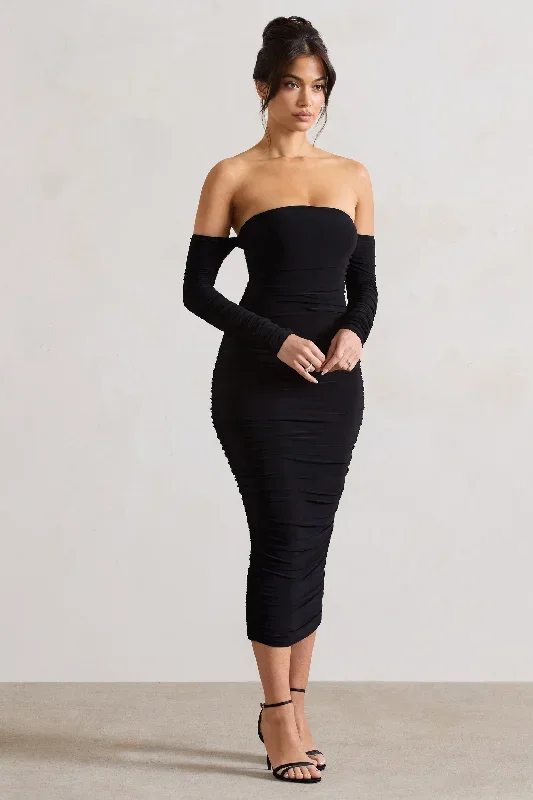 anissa-black-ruched-bardot-midi-dress-cl131048002