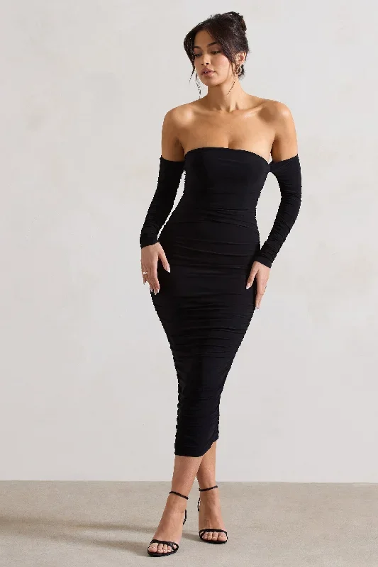 anissa-black-ruched-bardot-midi-dress-cl131048002