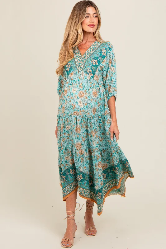 aqua-floral-border-print-v-neck-tiered-maternity-midi-dress