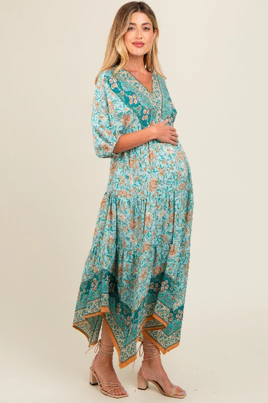 aqua-floral-border-print-v-neck-tiered-maternity-midi-dress