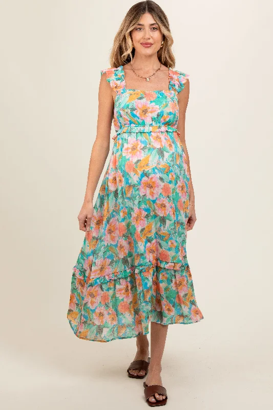 aqua-watercolor-floral-ruffle-accent-maternity-midi-dress