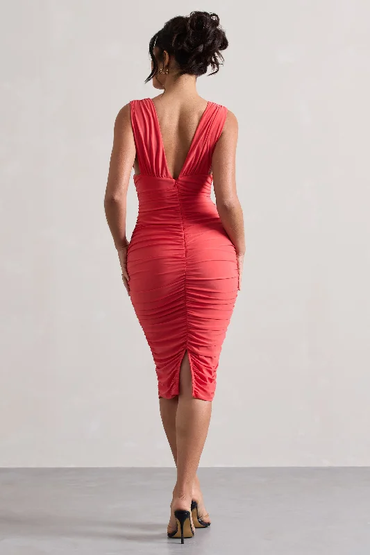 attract-coral-ruched-plunge-neck-midi-dress-cl131117023