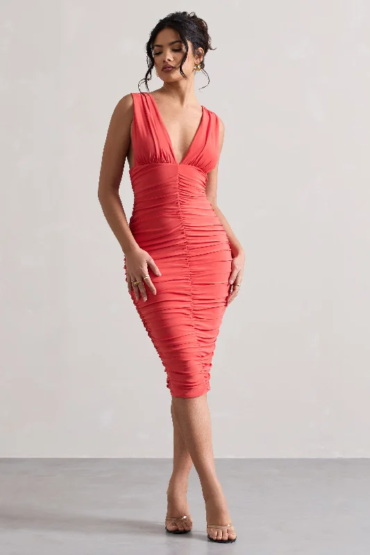 attract-coral-ruched-plunge-neck-midi-dress-cl131117023