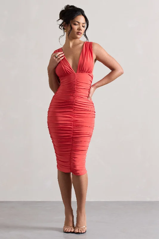 attract-coral-ruched-plunge-neck-midi-dress-cl131117023