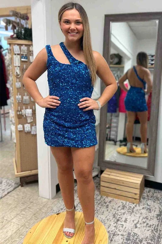 Backless One Shoulder Blue Sequins Mini Homecoming Dress