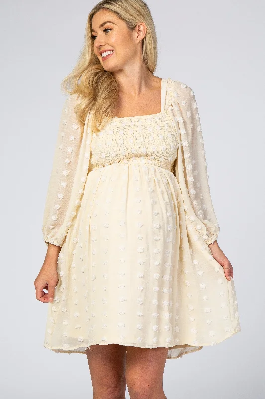 beige-textured-dot-smocked-square-neck-chiffon-maternity-dress