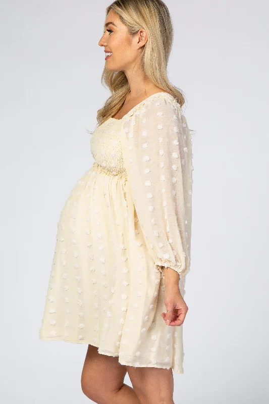 beige-textured-dot-smocked-square-neck-chiffon-maternity-dress