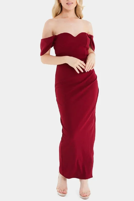 Berry Scuba Crepe Off Shoulder Sweetheart Neckline Maxi Dress