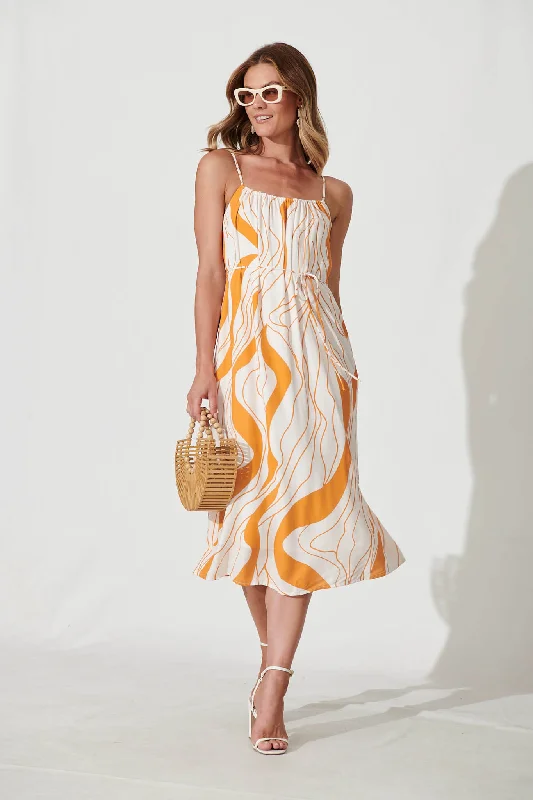 Bibi Midi Sundress In Cream With Orange Swirl Linen Blend