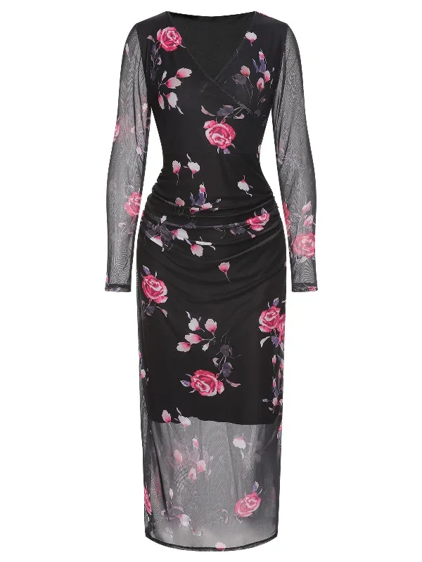 Black 1960s V-Neck Floral Mesh Dress