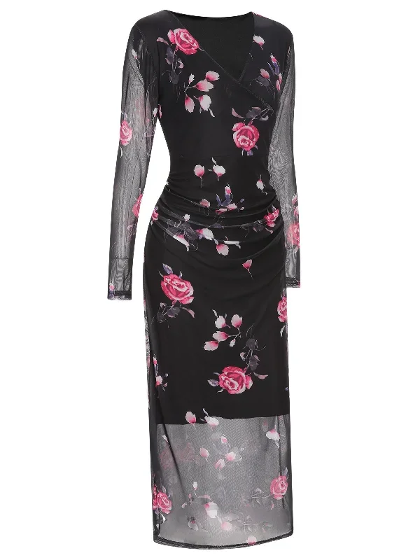 black-1960s-v-neck-floral-mesh-dress