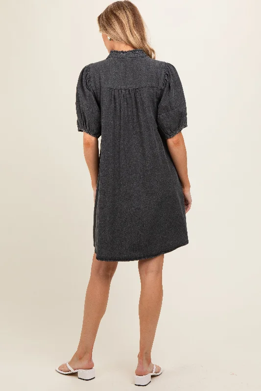 black-button-down-puff-sleeve-maternity-dress