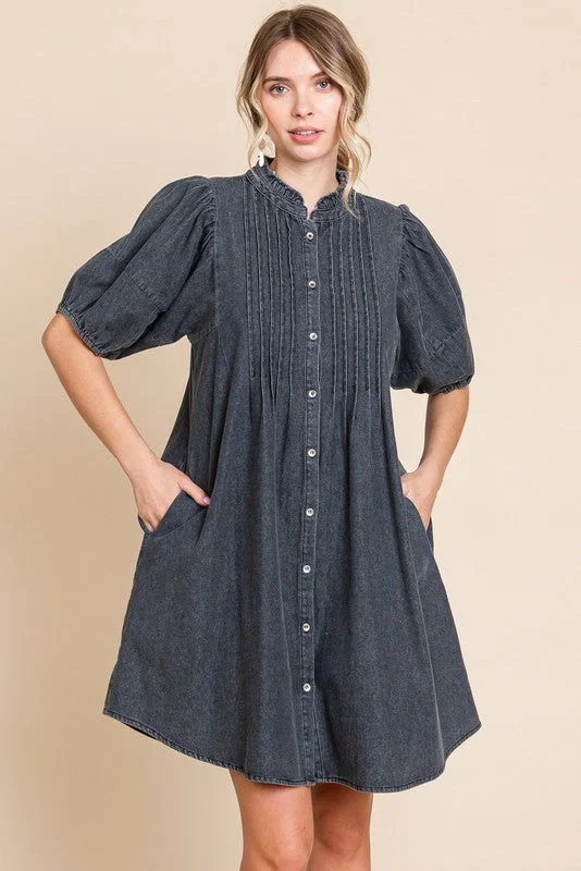 black-button-down-puff-sleeve-maternity-dress