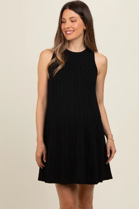 Black Knit Pleated Maternity A-Line Dress