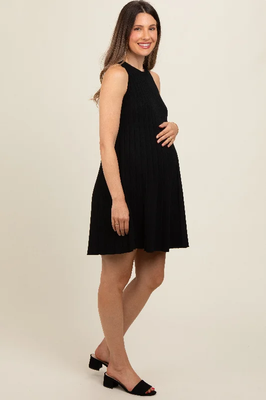 black-knit-pleated-maternity-a-line-dress