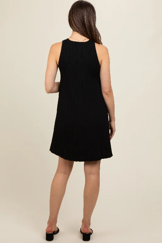 black-knit-pleated-maternity-a-line-dress