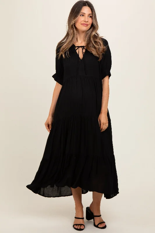 Black Lightweight Flowy Tiered Maternity Maxi Dress