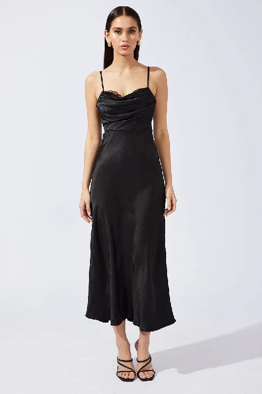 Black Midi Dress Sleeveless Cowl Neck Satin Slip Lace