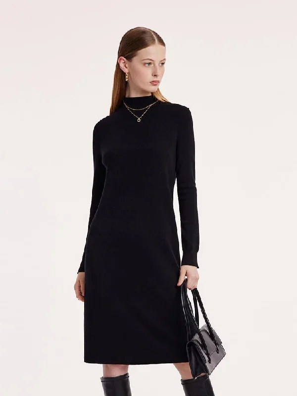 Black Pure Wool Mock Neck Knit Midi Work Dress