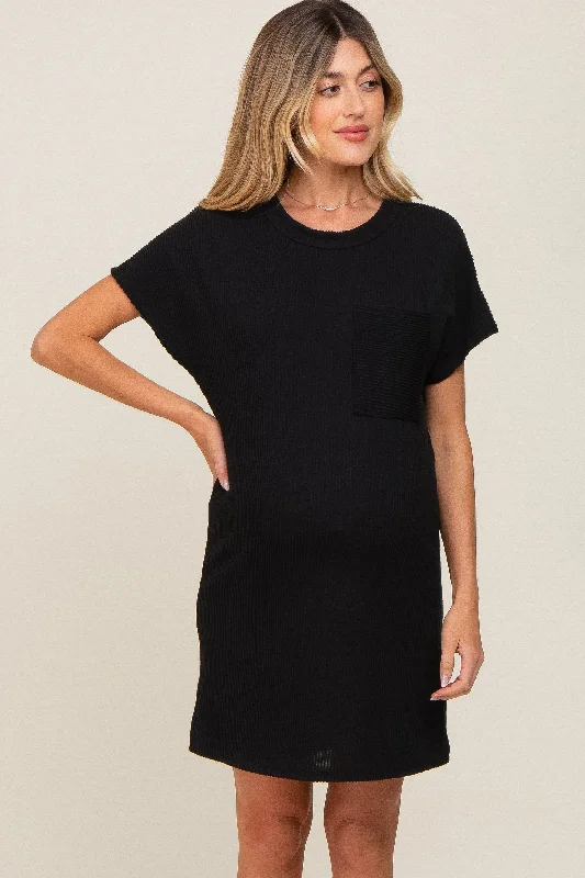 Black Ribbed Front Pocket Dolman Short Sleeve Maternity Dress