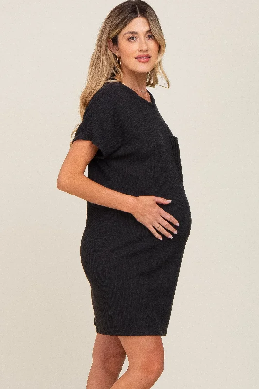 black-ribbed-front-pocket-dolman-short-sleeve-maternity-dress