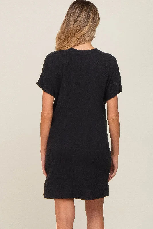 black-ribbed-front-pocket-dolman-short-sleeve-maternity-dress