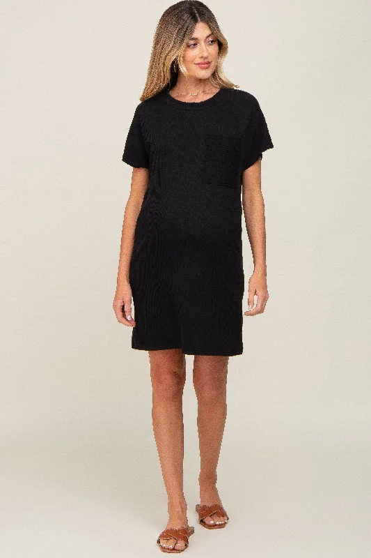 black-ribbed-front-pocket-dolman-short-sleeve-maternity-dress