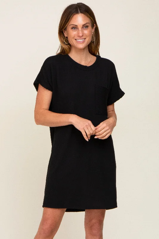 black-ribbed-front-pocket-dolman-short-sleeve-maternity-dress