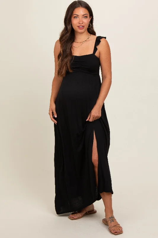 black-ruffle-strap-maternity-maxi-dress