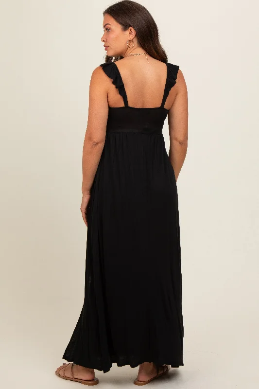 black-ruffle-strap-maternity-maxi-dress