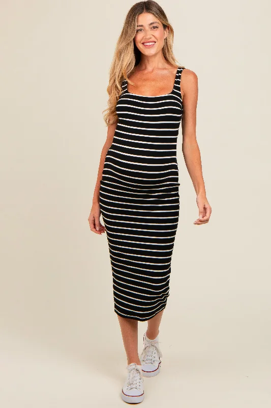 black-striped-fitted-square-neck-maternity-midi-dress