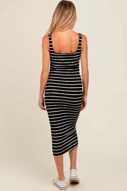 black-striped-fitted-square-neck-maternity-midi-dress