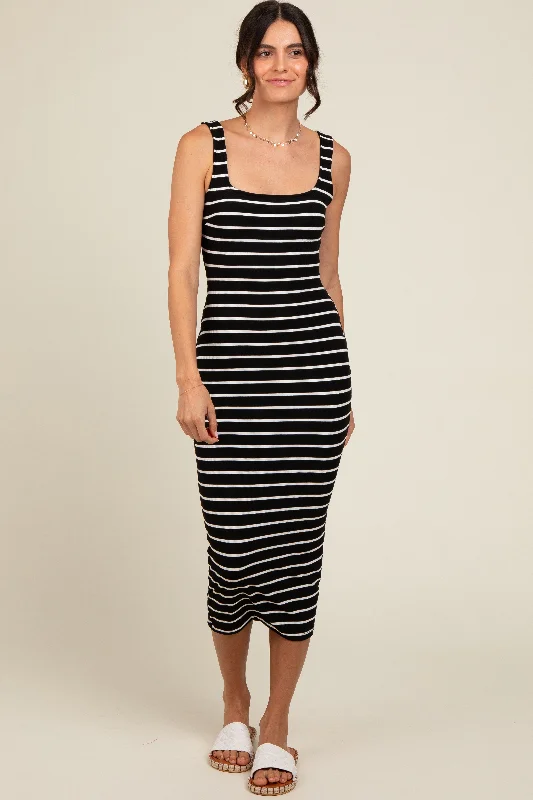 black-striped-fitted-square-neck-maternity-midi-dress