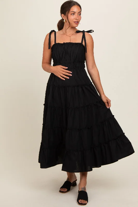 black-tiered-tie-strap-maternity-midi-dress