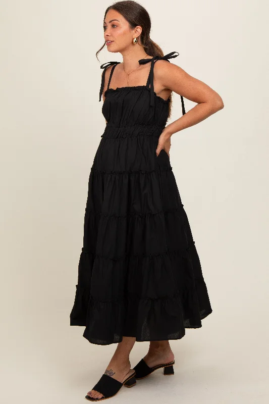 black-tiered-tie-strap-maternity-midi-dress