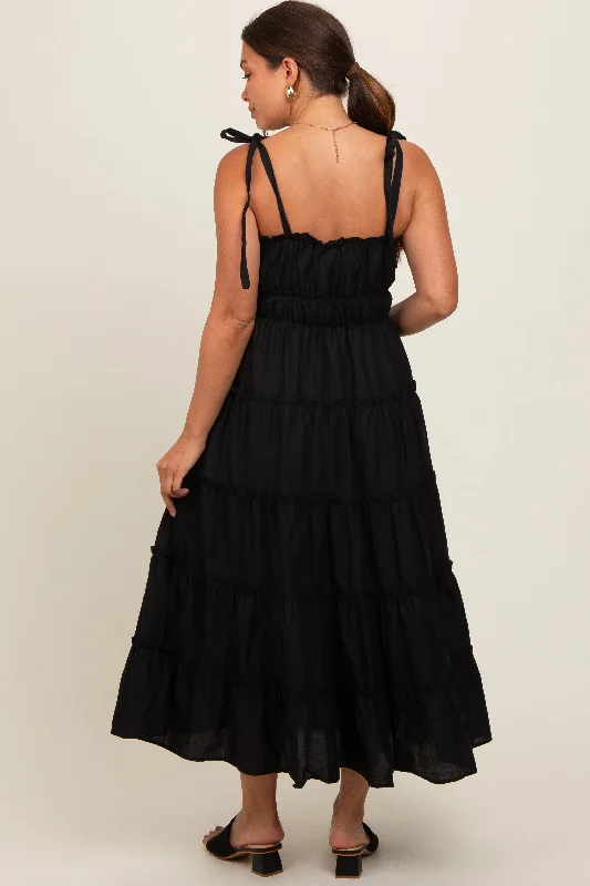 black-tiered-tie-strap-maternity-midi-dress