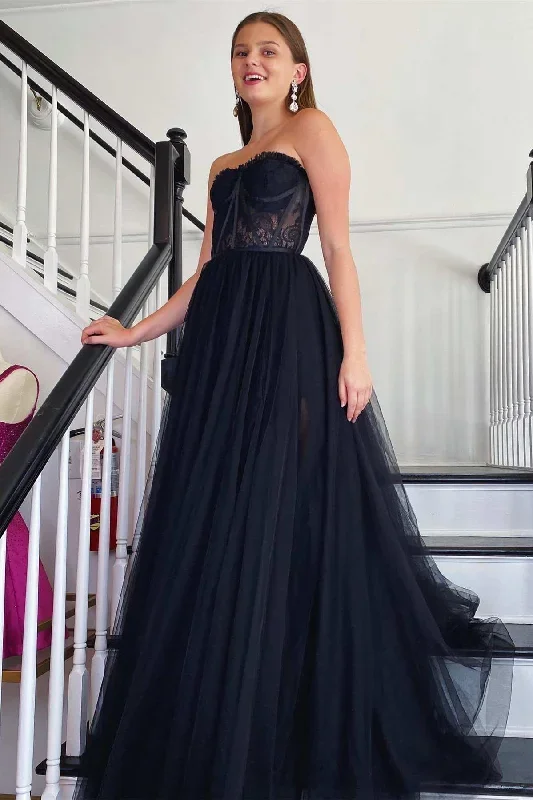 Black Tulle Strapless A-Line Long Prom Dress