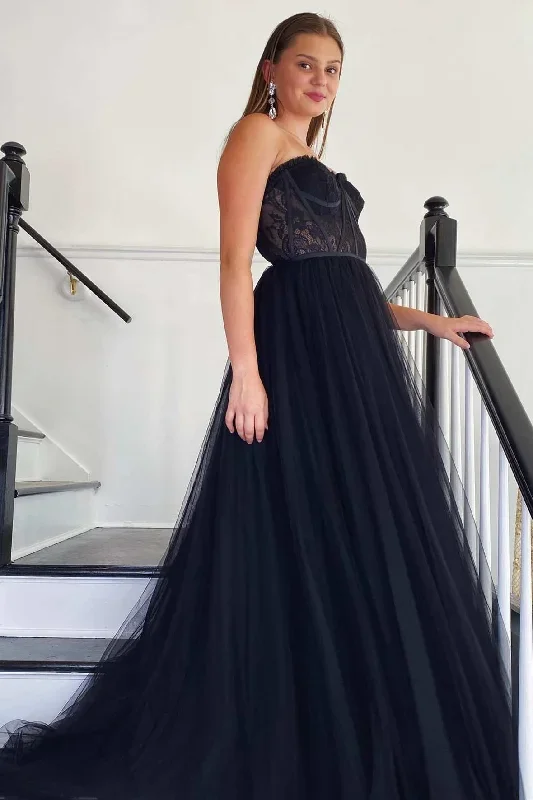 black-tulle-strapless-a-line-long-prom-dress