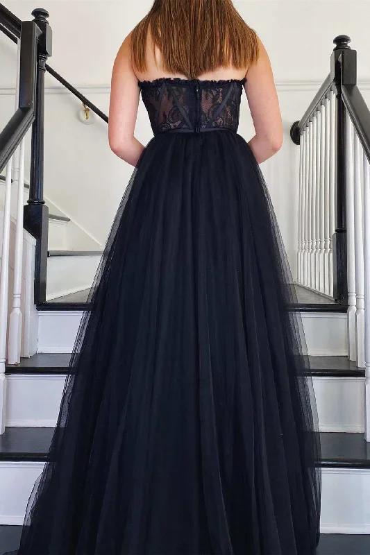 black-tulle-strapless-a-line-long-prom-dress