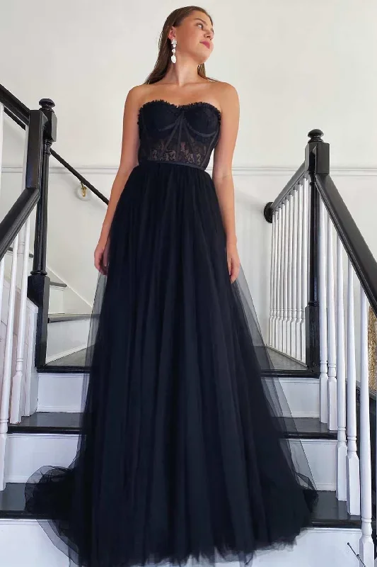 black-tulle-strapless-a-line-long-prom-dress