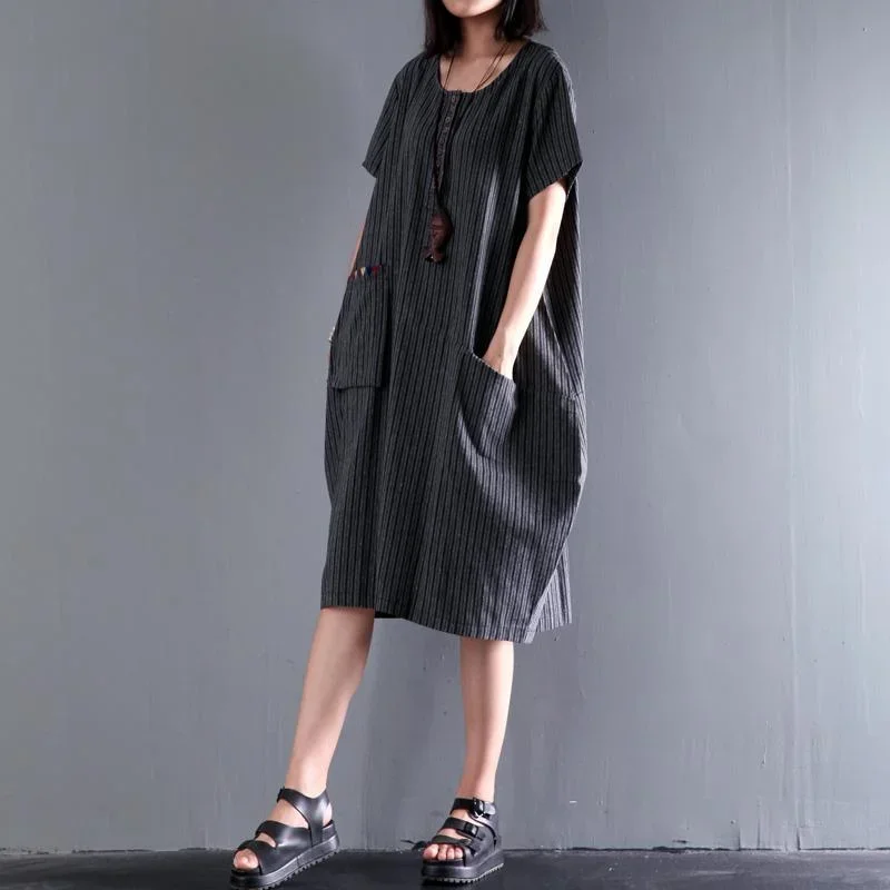 black unique strips cotton dress pocket casual dresses short sleeve sundress