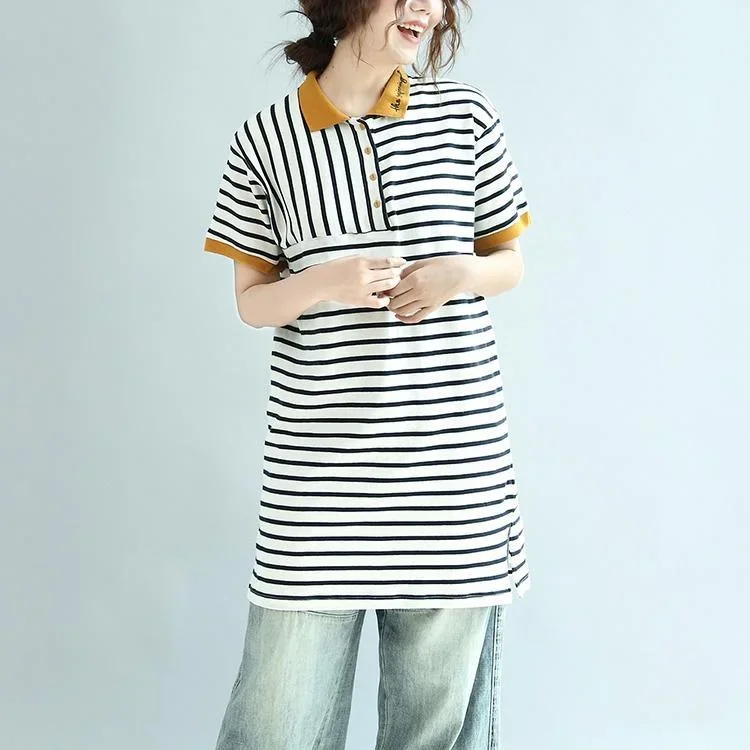 black white striped casual cotton tops embroidery loose sundresses short sleeve long t shirt