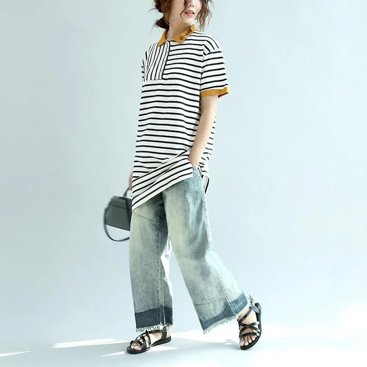 black-white-striped-casual-cotton-tops-embroidery-loose-sundresses-short-sleeve-long-t-shirt