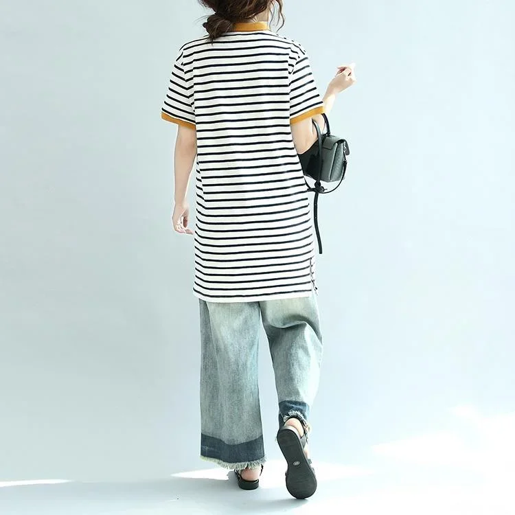 black-white-striped-casual-cotton-tops-embroidery-loose-sundresses-short-sleeve-long-t-shirt