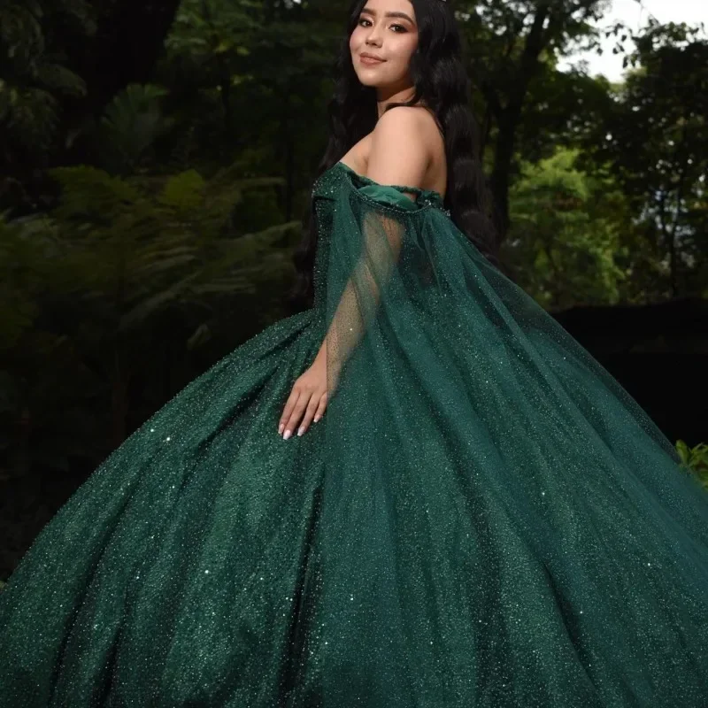 Green Shiny Princess Off The Shoulder Quinceanera Dress Ball Gown With Cape XV Años Sweet Gowns Vestidos De 15 Años